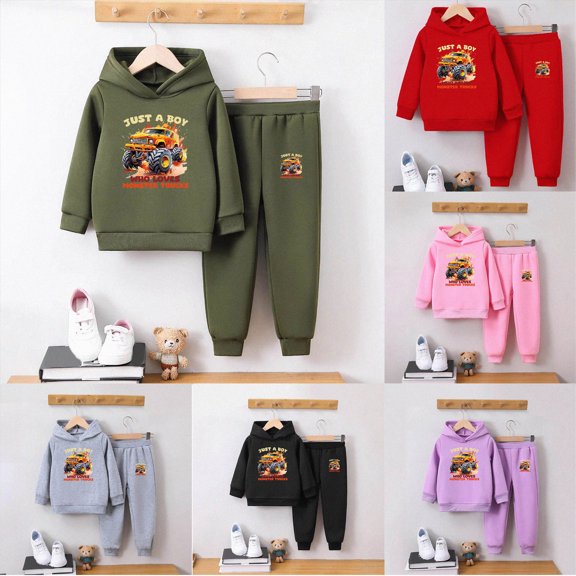 Boys and Girls Outfit Set Kids Cute Cartoon Print Long Sleeved Hoodie and Pants Casual Set 6-24 Months 2T 3T 4T 5T 6T Children Red,3-4 Years