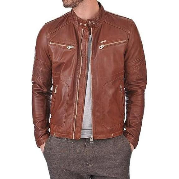 Men's Genuine Tan Lambskin Leather Jacket Slim fit Biker Motorcycle jacket A446