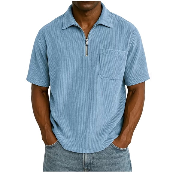 COSFO Blue Polo Tees for Men Short Sleeve Textured Tops Collared with Pocket Quarter Zip Pullover Relaxed Fit Mens Classic T-Shirt