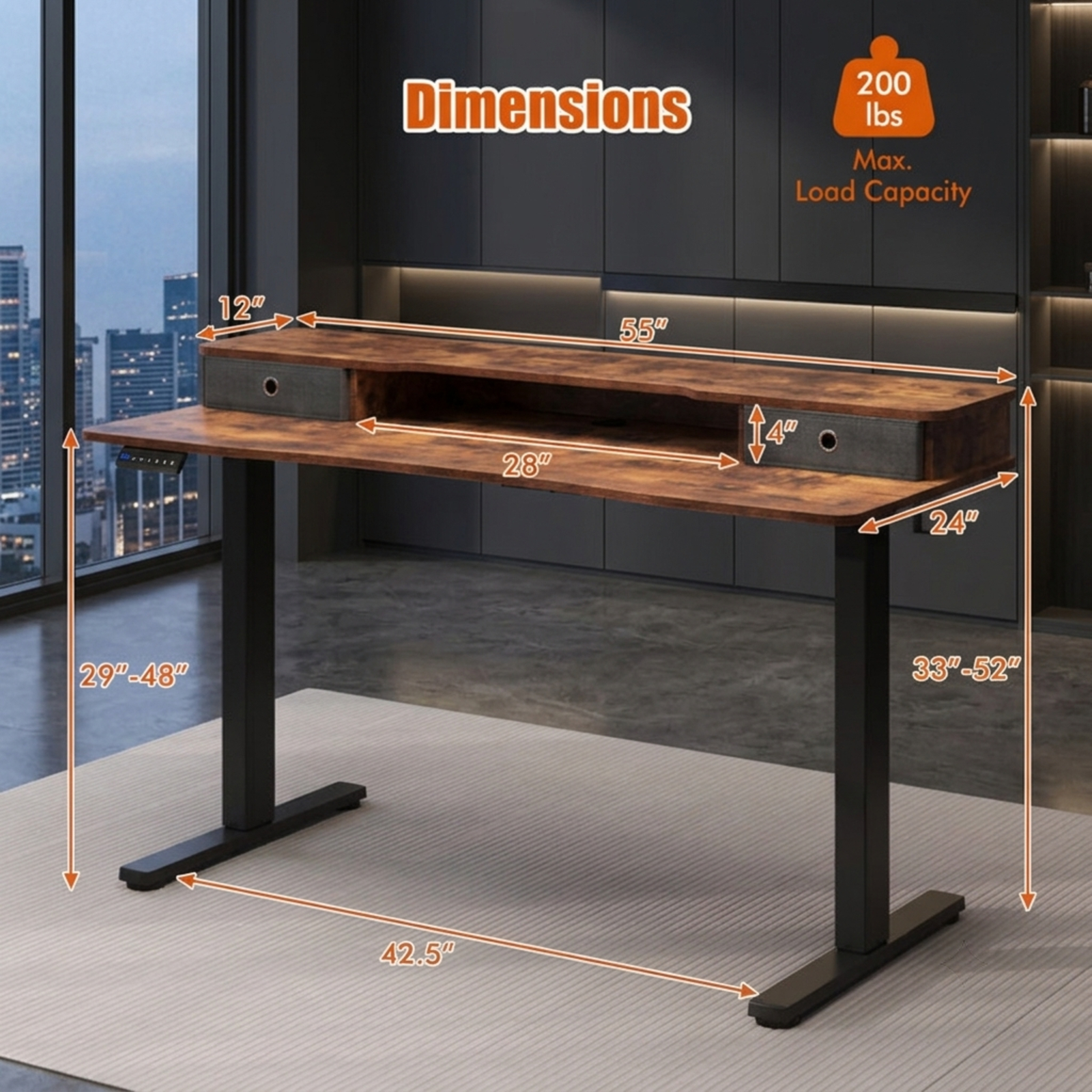 Furnibear 55 x 24 Inch Electric Height Adjustable Standing Desk with 2 Fabric Drawers Monitor Shelf and Cable Management for Home Office, Brown