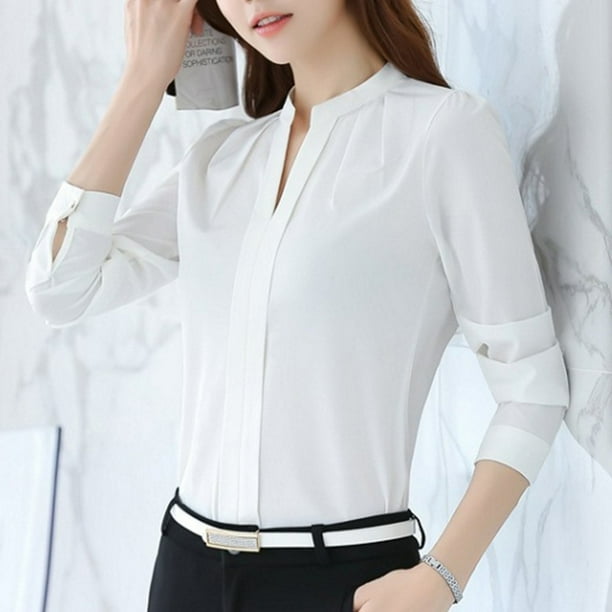 Blusa de gasa con cuello alto camisa de gasa de color puro camisa de gasa de mujer Blusa de gasa de manga larga con cuello alto color puro camisa de gasa de