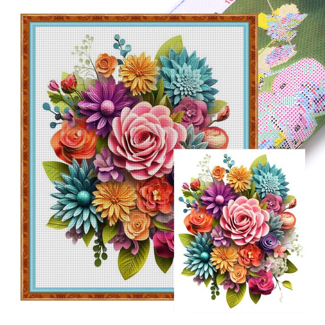 Hilo Algodón Ecológico Bordado 11CT 3 Hebras Impresión 50x60cm Kit Serie Flores Punto Cruz Ramo