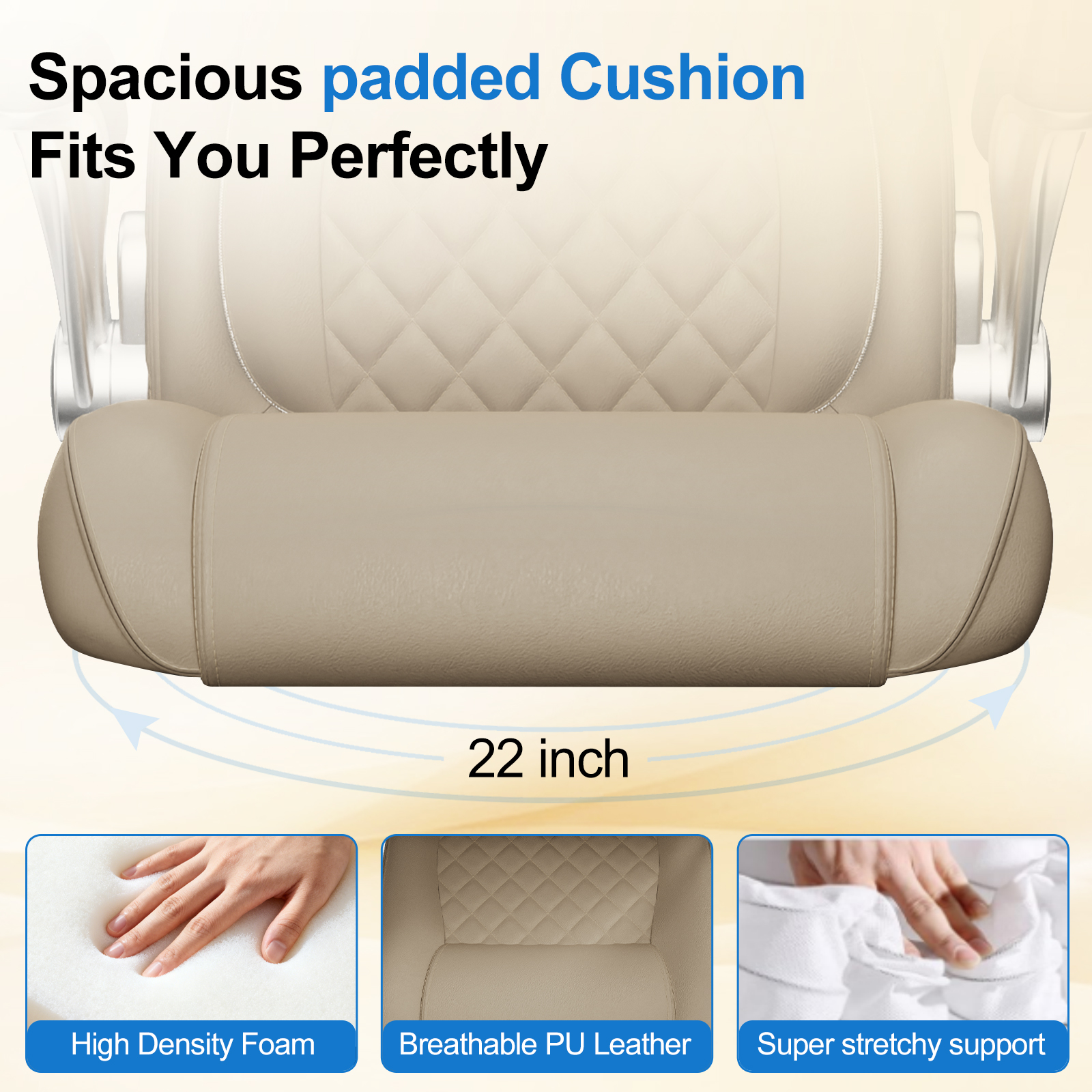 Nouhaus Office Ergonomic Desk High Back Executive Chair with Pop-Out Lumbar Support, Adjustable Headrest, Flip-Up Arms, Leather Home with Thick Cushion for Comfort - Taupe