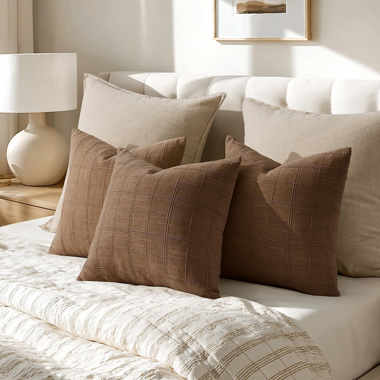 Linen Check Throw Pillow Covers Set of 2 - Natural Beige Farmhouse Modern Boho Vintage Decorative Cushion Covers for Sofa Couch Bedroom Living Room Decor（no pillow inset）