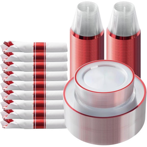 175 Piece Red Plastic Dinnerware Set for Party, Clear Disposable Plates for 25 Guests, Include: 25 Dinner Plastic Plates, 25 Dessert Plates, 25 Pre Rolled Napkins with Cutlery Set, 25 Cups