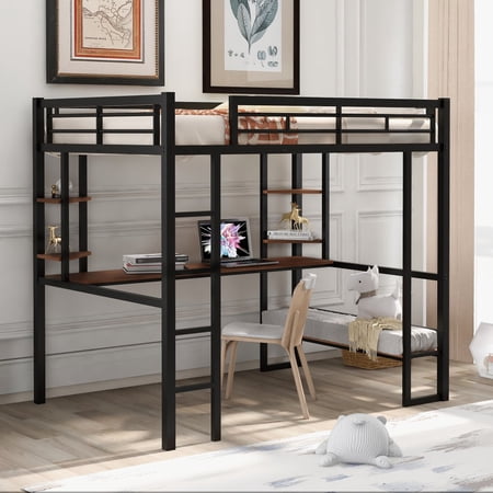 Metal Loft Bed Full-Size with Long Desk and Storage Shelves  Black