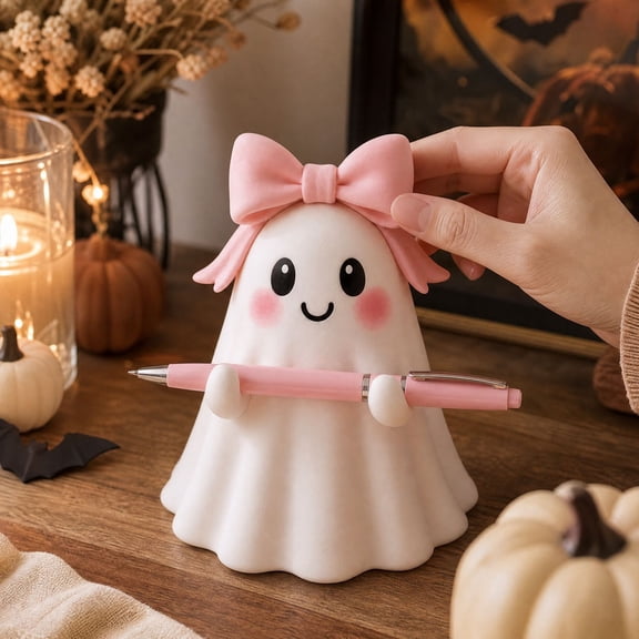 Pink Halloween Ghost Figurines Decor,Cute Kawaii Pastel Decoration, Small Resin Desk Statue Decorations, Gifts for Women, Adorable Ghost Pen Holder