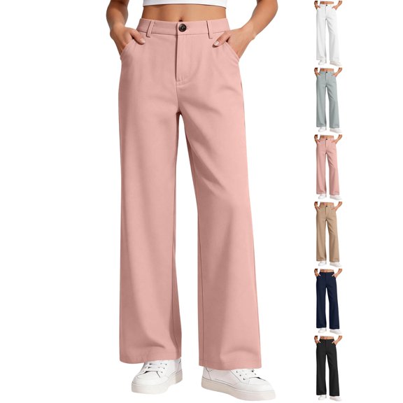 Girls Pants Dqueduo Girls' High Waist Wide Leg Dress Pants Casual Straight Leg Trousers With Pockets, Sizes 5-15 Years