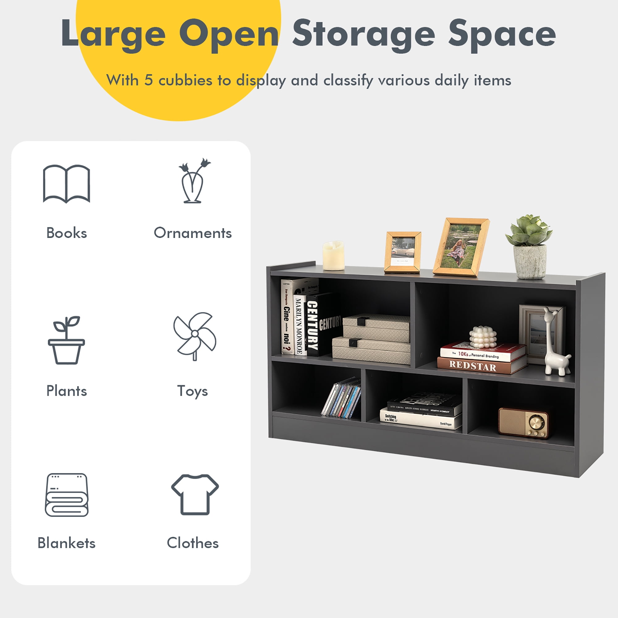 Gymax Kids 5-Cube Storage Cabinet 2-Shelf Wood Bookcase Organizer Grey