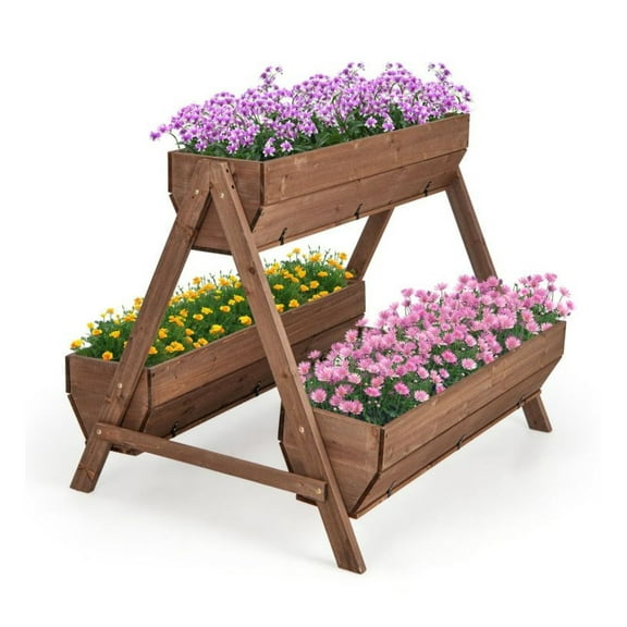Raised Garden Bed Vertical 3-Tier Wooden Planter Box - Outdoor Flower Vegetable Herb Planters - Brown Fir Wood - Garden, Patio, Balcony