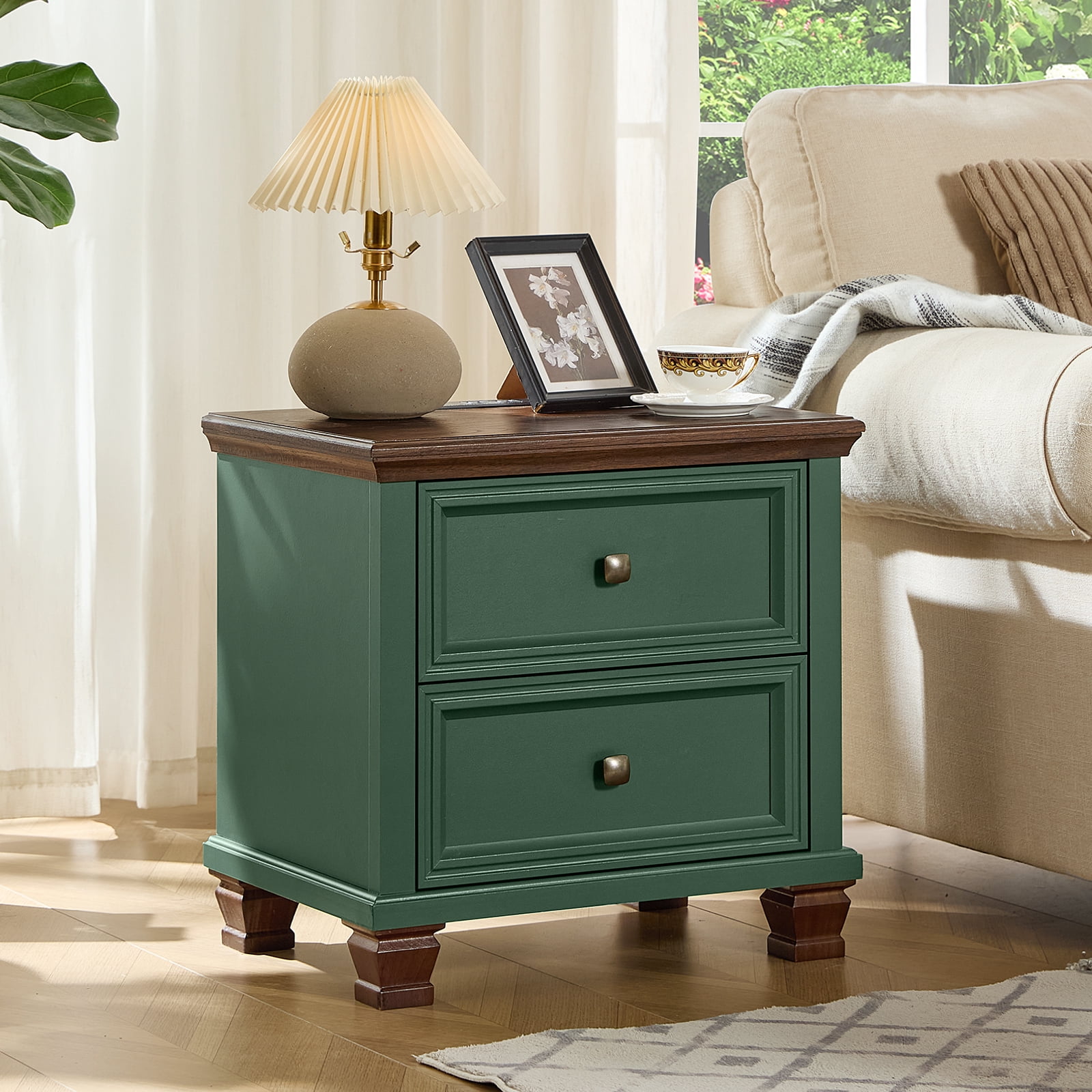 Buildhom Farmhouse Nightstand with Charging Station, 2-Drawer Rustic End Table with Solid Wood Legs for Bedroom, Green