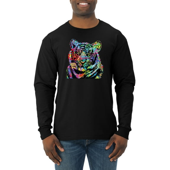Cool Rainbow Neon Trippy Jungle Tiger Eyes Animal Lover Mens Long Sleeve Shirt, Black, Small