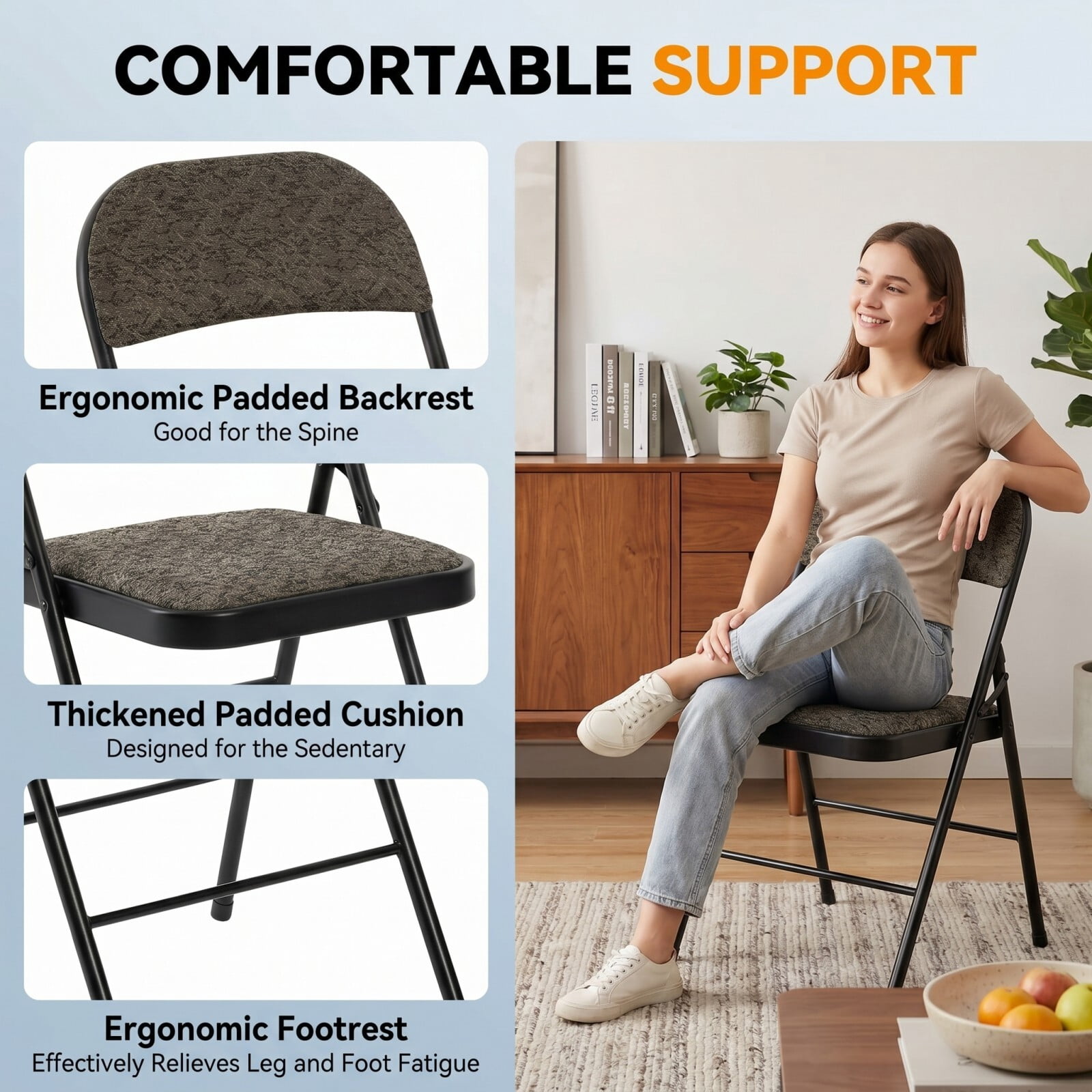 Kelno Folding Chair Set of 2 Fabric Padded Guest Chairs with Lightweight Sturdy Metal Frame, Black Gray