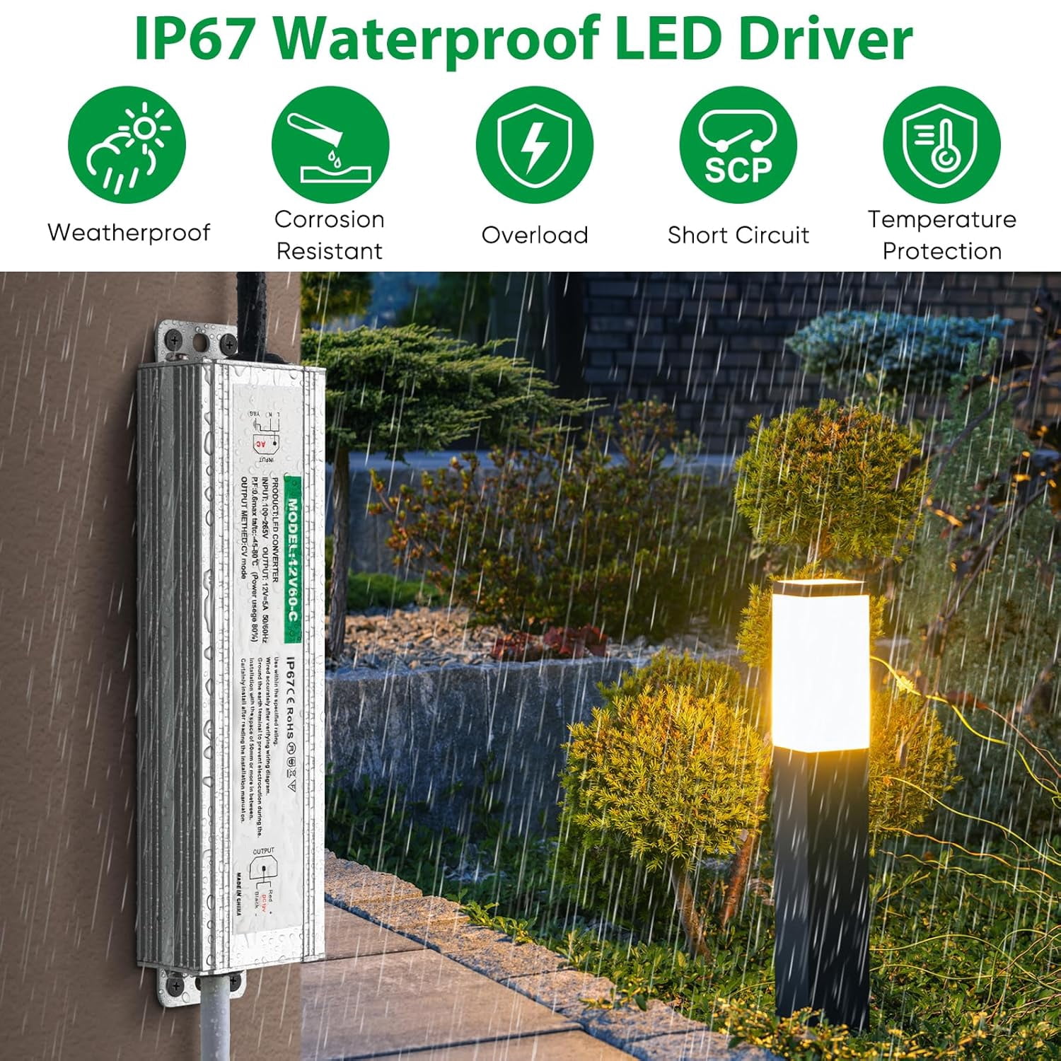 Driver 60 watts, 12 power supply 5 waterproof 67, 120 AC to 12 DC converter, suitable for light strips, landscaping, garden and outdoor lighting