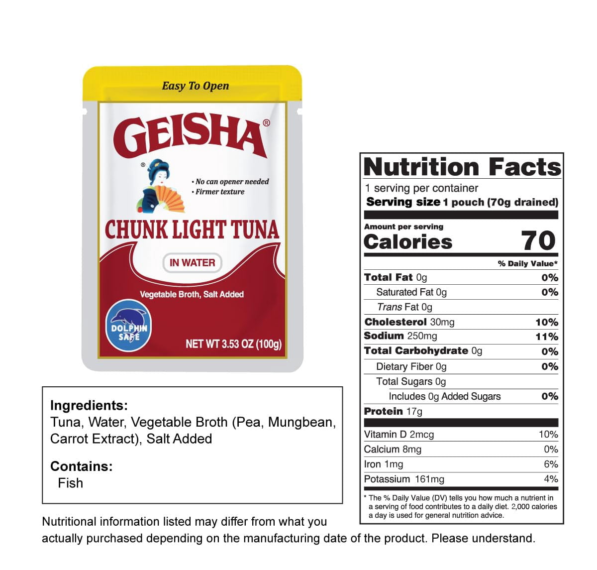 GEISHA Chunk Light Tuna in Water 3.53oz (Pack of 24), Tuna| HALAL & Kosher Certified – Gluten Free – Wild Caught – Dolphin Safe Catch – Good Source of Protein