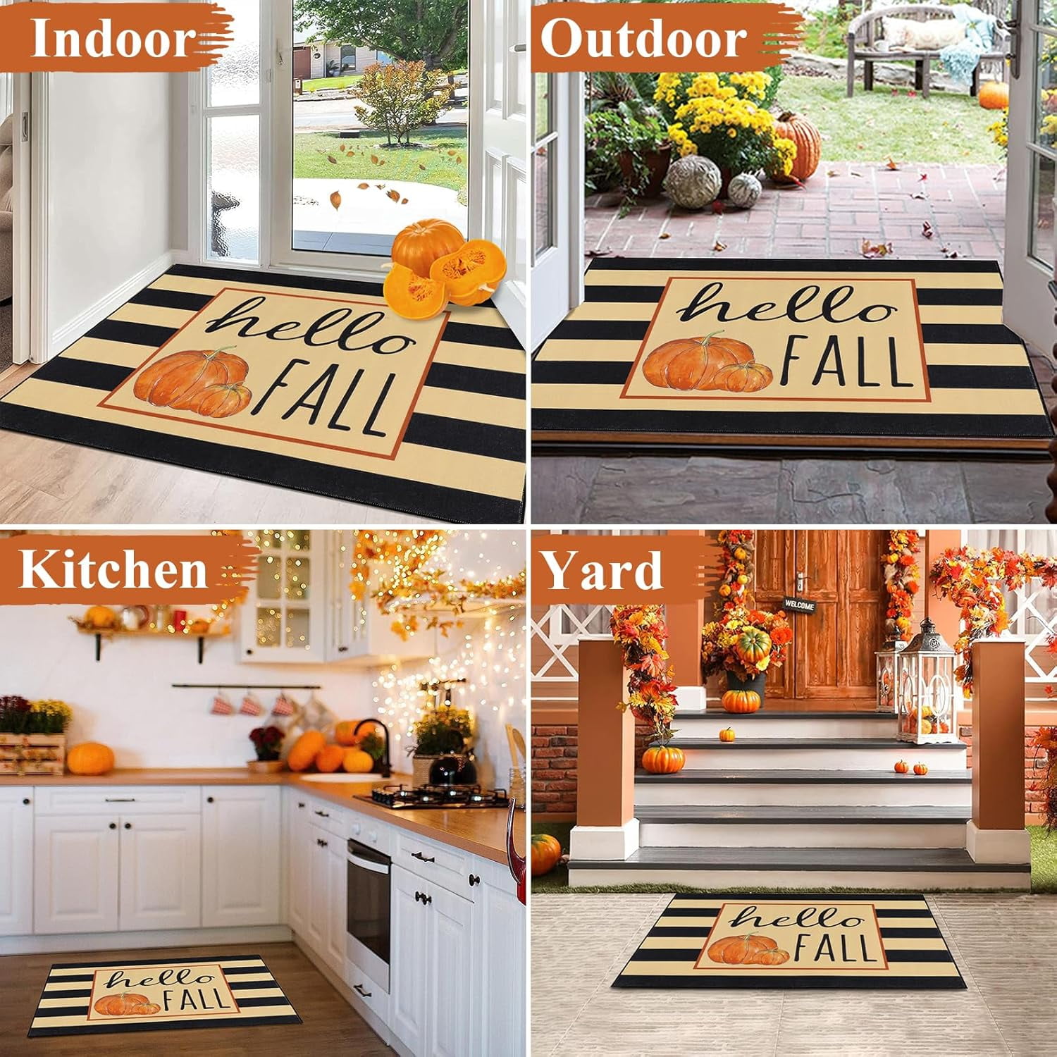 HEBE Fall Door Mat 20"x32" Non Slip Pumpkin Welcome Doormat Buffalo Plaid Doormats for Autumn Harvest Thanksgiving Farmhouse Large Entrance Doormat Low Profile Floor Carpet Mat Washable