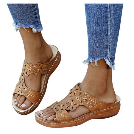 

On Clearance! KOKOI Women s Plus Size Cutout Casual Slope Heel Outer Beach Slippers Plum Shape Upper Thong Sandals for Ladies Comfortable Slip-on Slide Slippers Brown/9.5
