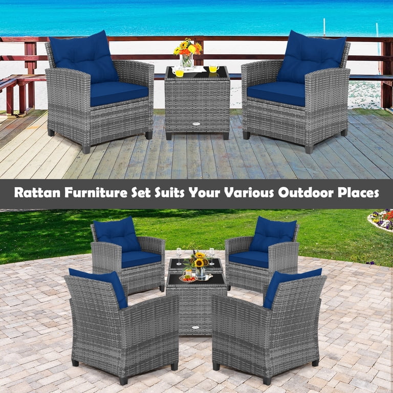 Costway 3-Piece Rattan Patio Bistro Set, Navy photo 6