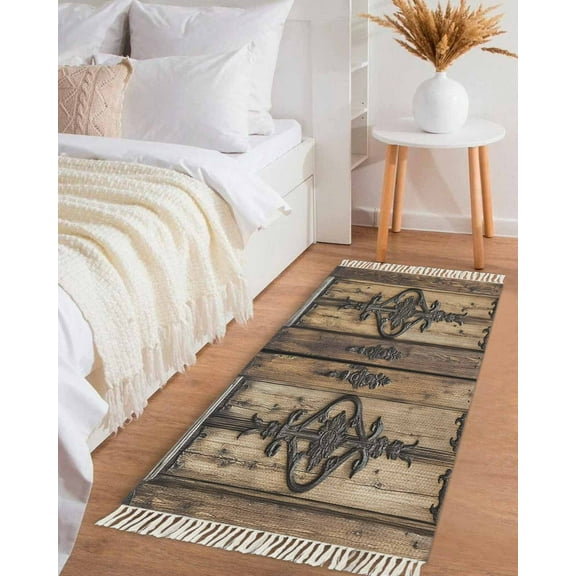 Wooden Plank Hallway Runner Rug 2x5ft,Rustic Farmhouse Brown Black Barn Door Washable Woven Living Room Bedroom Kitchen Bathroom Carpet with Tassels,Indoor Outdoor Throw Door Mat for Entryway