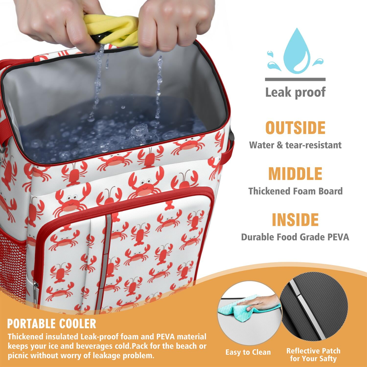 Insulated Cooler Backpack,Cooler Bag Insulated Leak Proof Travel Cooler Bag Waterproof Lunch Picnic Beach Work Trip Thermal Bag Drink Beverage Beer Bag Cooler Marine Adorable Crab