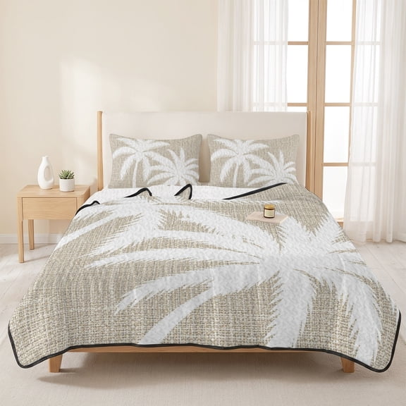 3 Pieces Queen Quilt Set,Coastal Palm Tree Retro Linen Soft Bedding Sets with 1 Quilt & 2 Pillow Shams,Summer Tropical Leaves Summer Bedspread Lightweight Coverlet Comforter for All Season