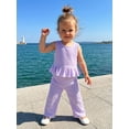 thumbnail image 5 of BemeyourBBs Toddler Baby Girl Summer Clothes Infant Baby Girl 2 Piece Summer Outfit Casual Striped Ruffled Hem V Neck Sleeveless Tank Tops and Wide Legs Pants 2 Pcs Set, 5 of 9