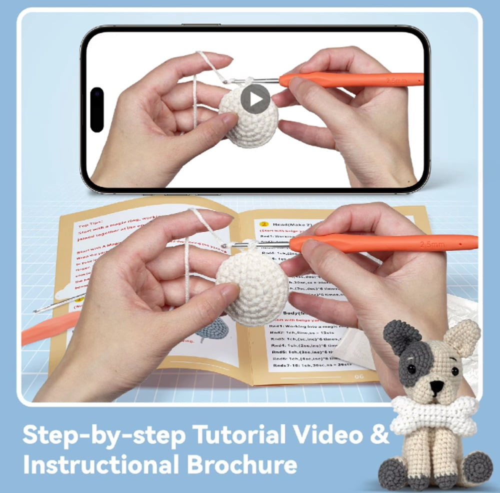 French Bulldog Crochet Kit for Beginners, 2-Pack Dog Amigurumi Starter Set with Step-by-Step Video Tutorials, DIY Craft Gift, TIKA