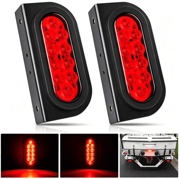 RIONIMA 6Inch Oval Trailer Tail Light with Flush Mount Grommets Plugs w/Mounting Brackets 2PCS Red Waterproof Stop Brake Turn Lights for RV Truck