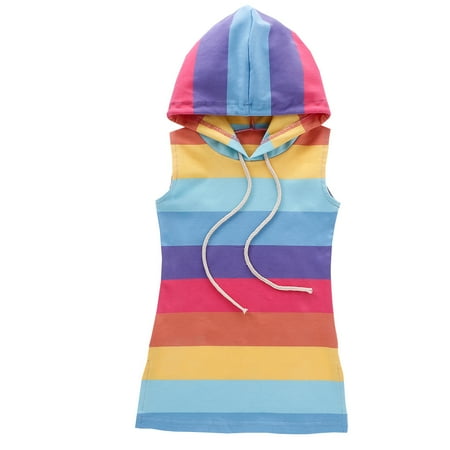 

Luiryare Girls Sleeveless Dress Rainbow Stripe Hooded Dress Summer Clothes