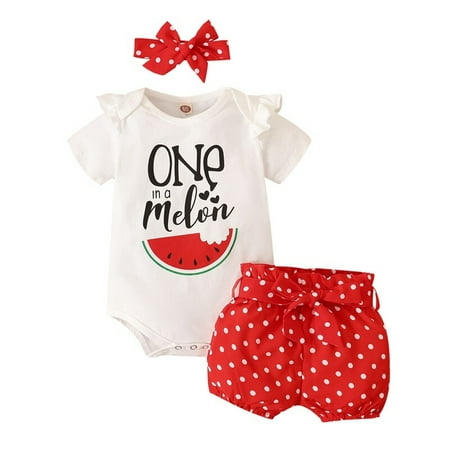 

Infant Baby Girls Clothes Baby Girl Summer Short Outfit Sets Short Sleeve Letter Prints Watermelon Romper Tops Elastic Dot Bubble Shorts Headband 3PCS Set White18-24 Months