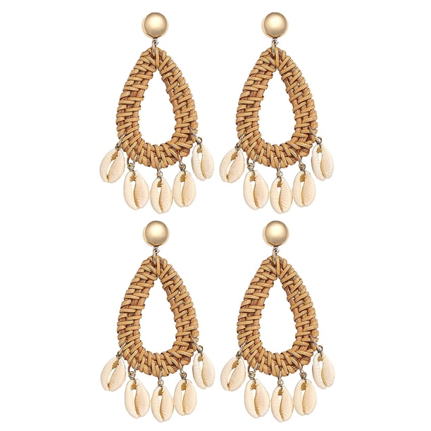 2 pares de pendientes bohemios de concha tejida a mano, estilo vintage, con forma de lágrima, con gotas de agua huecas, joyería de verano, pendientes colgantes para mujer