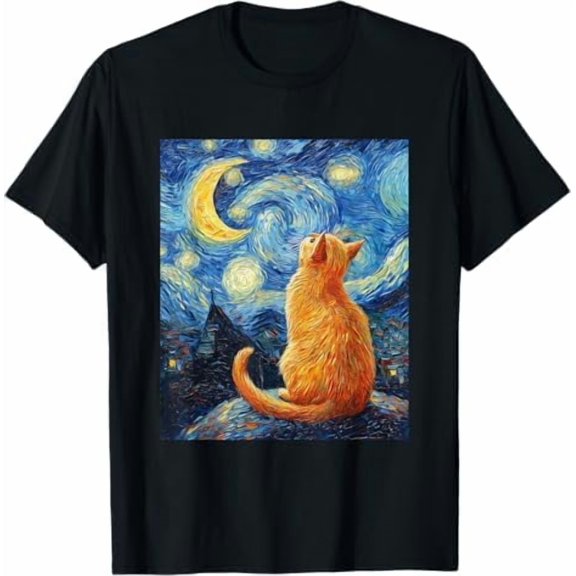Greenink Cat Starry Night Van Gogh T-Shirt Cat Lover Shirt for Women Men Unisex Crewneck Short Sleeve Graphic Tees