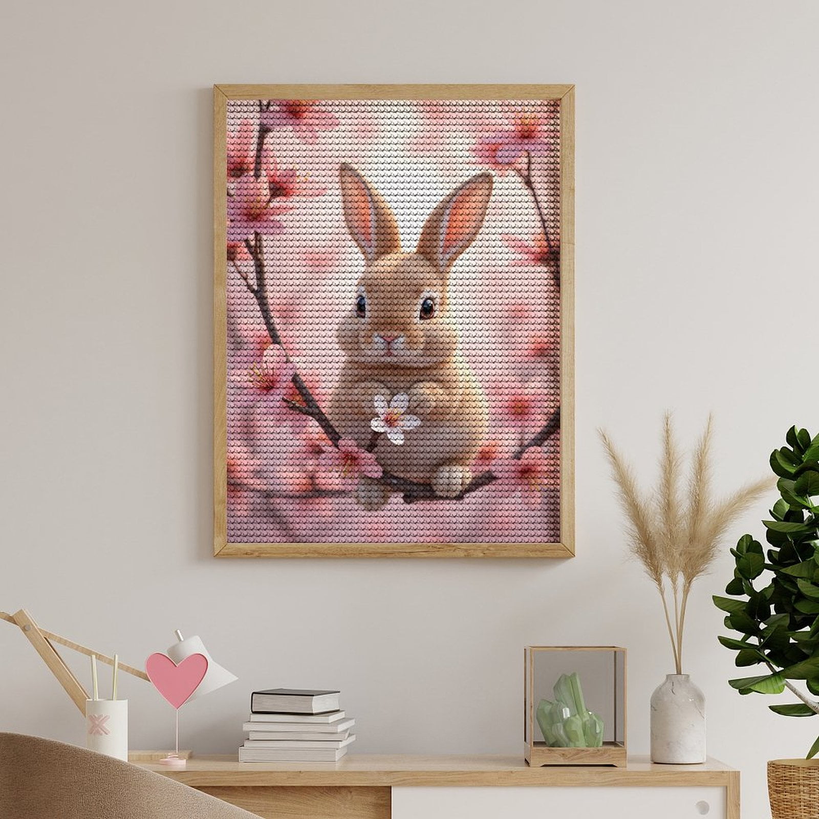 Diamond Art Kits for Adults, Bunny Blossom Spring Branch Pink Flowers 5D Diamond Painting Kits for Adults Beginners, DIY Full Drill Diamond Painting, Gem Art and Crafts 12x16