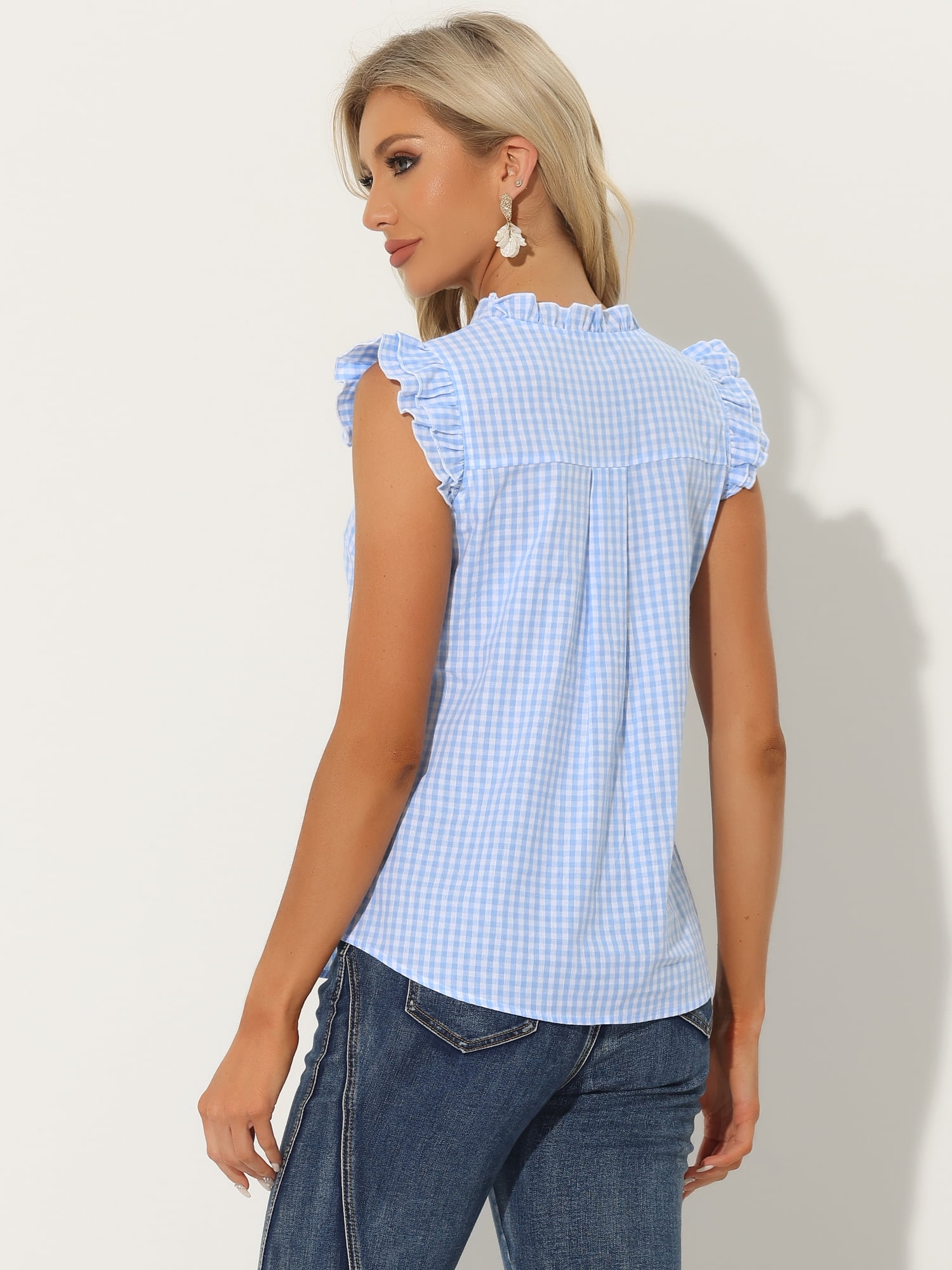 DARING DIVA Women's Cap Sleeve Plaid Gingham Ruffle Blouse L Blue
