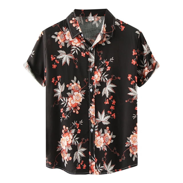 Camisas Y Playeras Camisa Casual Fashion de hombres Tops Floral Hawaii Impreso Camisa de manga corta Camisa suelta de Button (Black, XL)