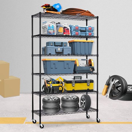 Heavy Duty Wire Storage Shelves 82"x48"x18" Metal Shelving Unit w/Wheels, 2100 LBS Industrial Utility Steel Storage Rack, 6 Tier NSF Garage Shelving Organizer Racks for Garage Kitchen Storage Black