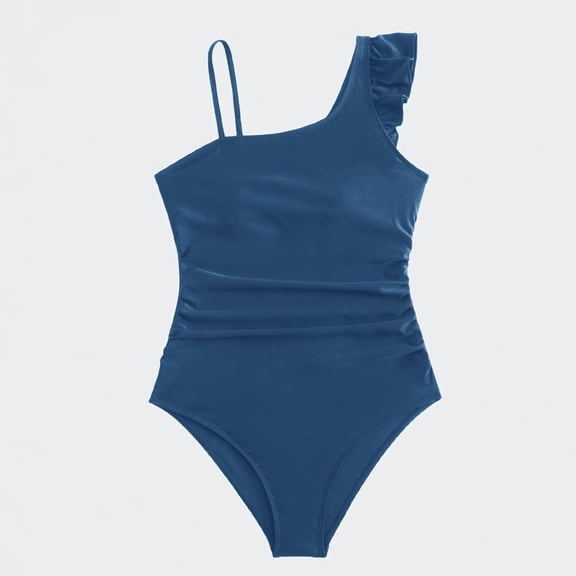 Ticikt Girls Swimsuit One Piece Swimsuits Ruffle Kids Bathing Suit Solid Color One Shouder Padded Swimwear for Big Kids,Color:Navy