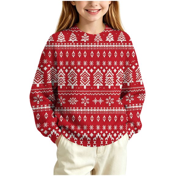 BLVB Kids Ugly Christmas Sweater Girls Boys Holiday Pullover Crewneck Long Sleeve Tops Knitwear for Aged 5-15 Years(Red-02,14-15 Years)