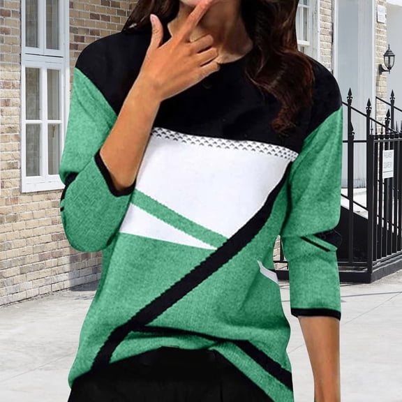 Long Sleeve Shirts for Women Women's Striped Printed V Neck Seven Quarter Sleeve T Shirt Top Green