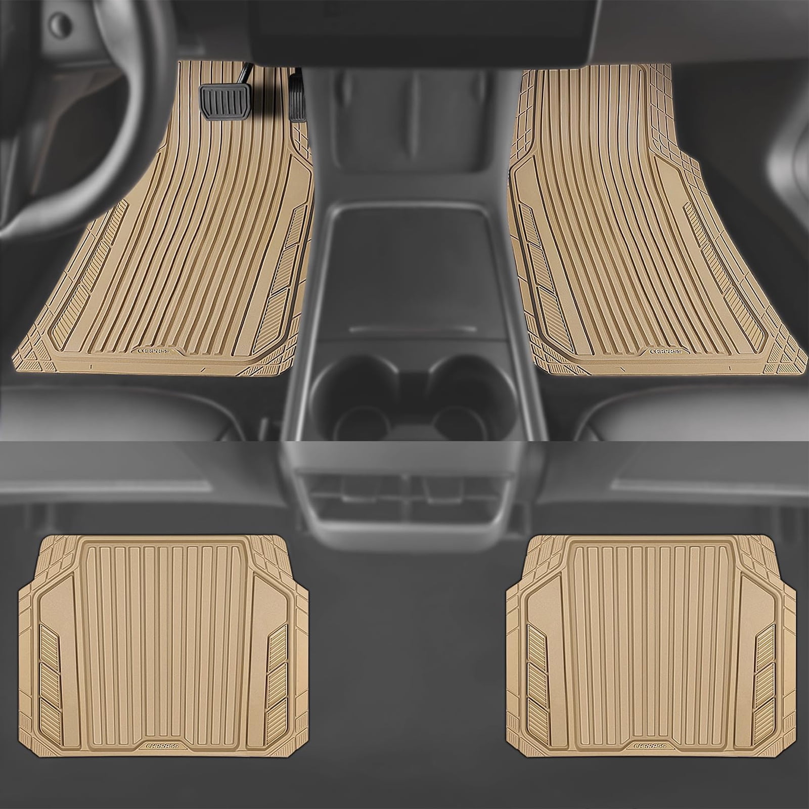 CAR GRAND Heavy Duty Rubber Car Floor Mats, Deep Dish Car Mats All Weather, Universal Trim-to Fit Automotive Floor Mats for Car SUV Truck Van, Durable Car Floor Liners waterproof anti-slip All Beige