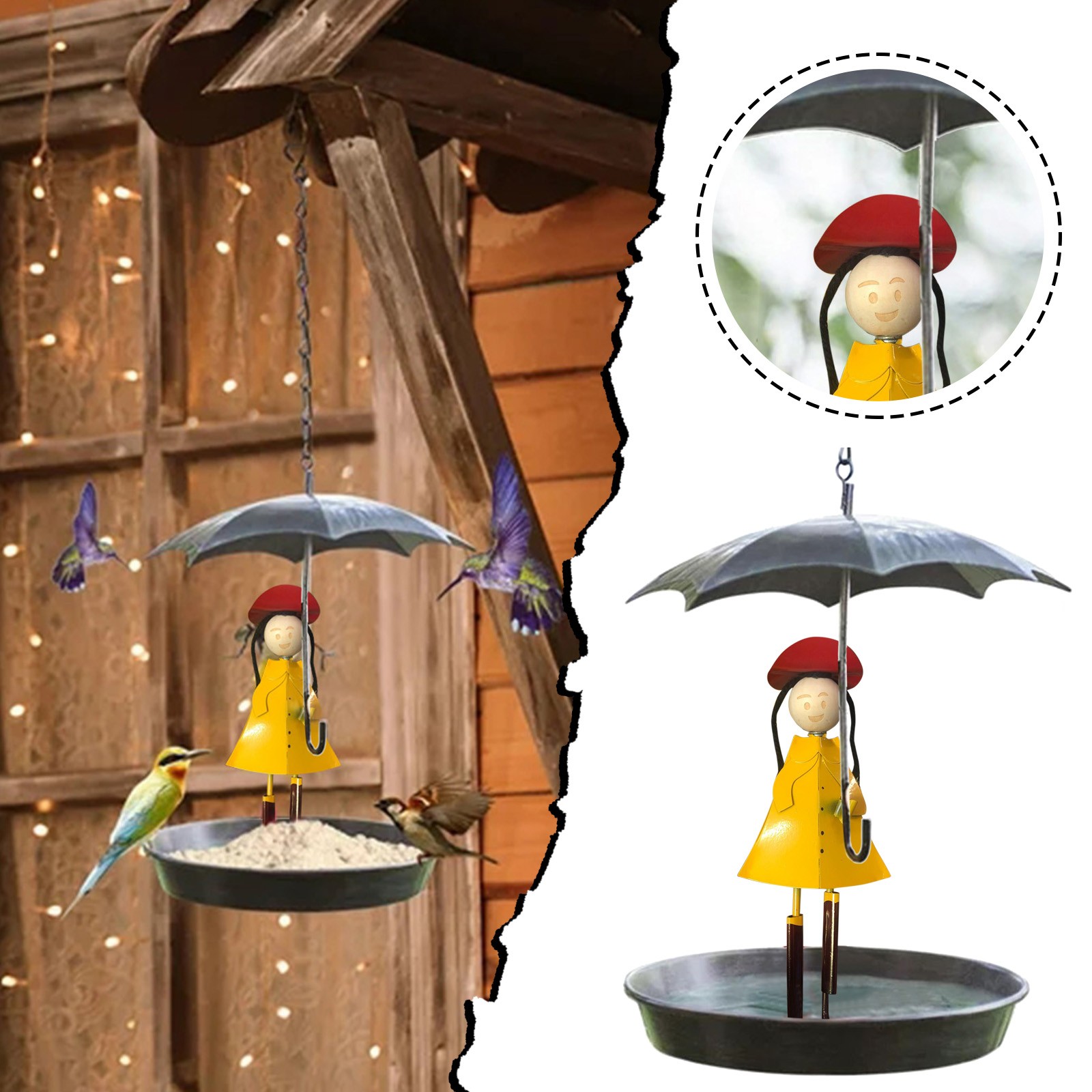 Novel Feeder Metal Hanging Chain Girl And Umbrella Bird Feeder Glass ...