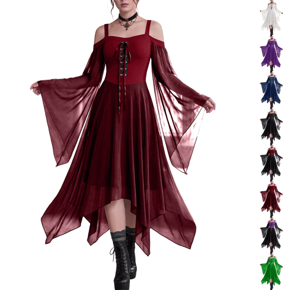 Women Gothic Off Shoulder Corset Bell Sleeve Irregular Hem Witch Halloween Midi Dress Wine L