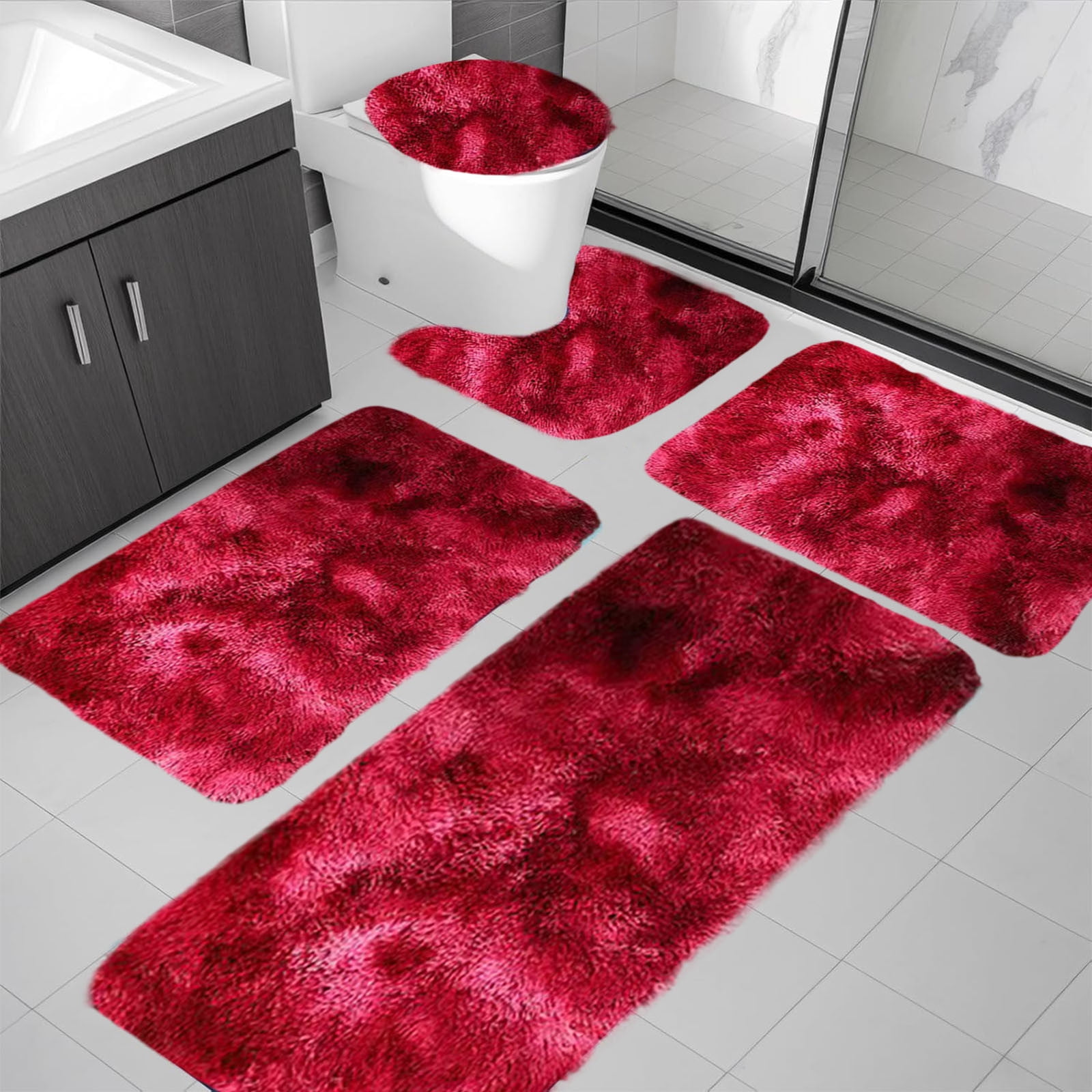 VOTRUDI Bathroom Rugs Clearance,Red No Slip Memory Foam Bathroom Rugs and Mats Washable Set of 5,Shag Bath Rug for Bathroom Floor
