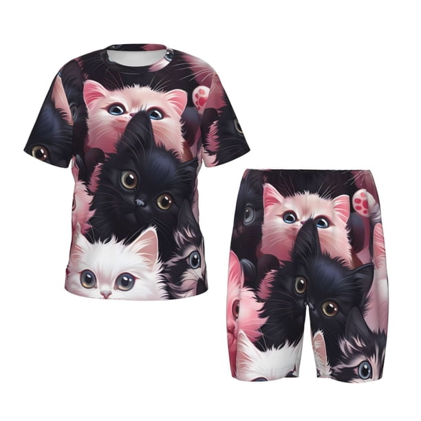 Fotbe Cute Kittens Group Portrait Pijama Estampada de 2 Piezas para Niños – Ropa de Dormir de Manga Corta Cómoda para Niños y Niñas, Camiseta y Shorts de Algodón-Large