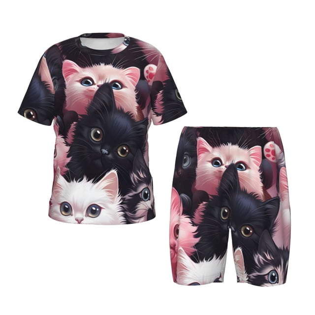 Fotbe Cute Kittens Group Portrait Pijama Estampada de 2 Piezas para Niños – Ropa de Dormir de Manga Corta Cómoda para Niños y Niñas, Camiseta y Shorts de Algodón-4X-Large