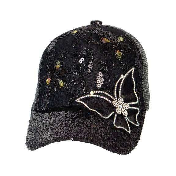 Top Headwear Butterfly Lace Sequin Hat - Womens Crystal Gem Bling Cap, Black