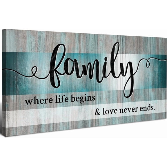 Aaheei Family Wall Art Family Signs for Home Decor Teal Inspirational Quotes Picture Farmhouse Where Life Begins and Love Never Ends Painting Artwork for Bedroom Living Room Home Decoration