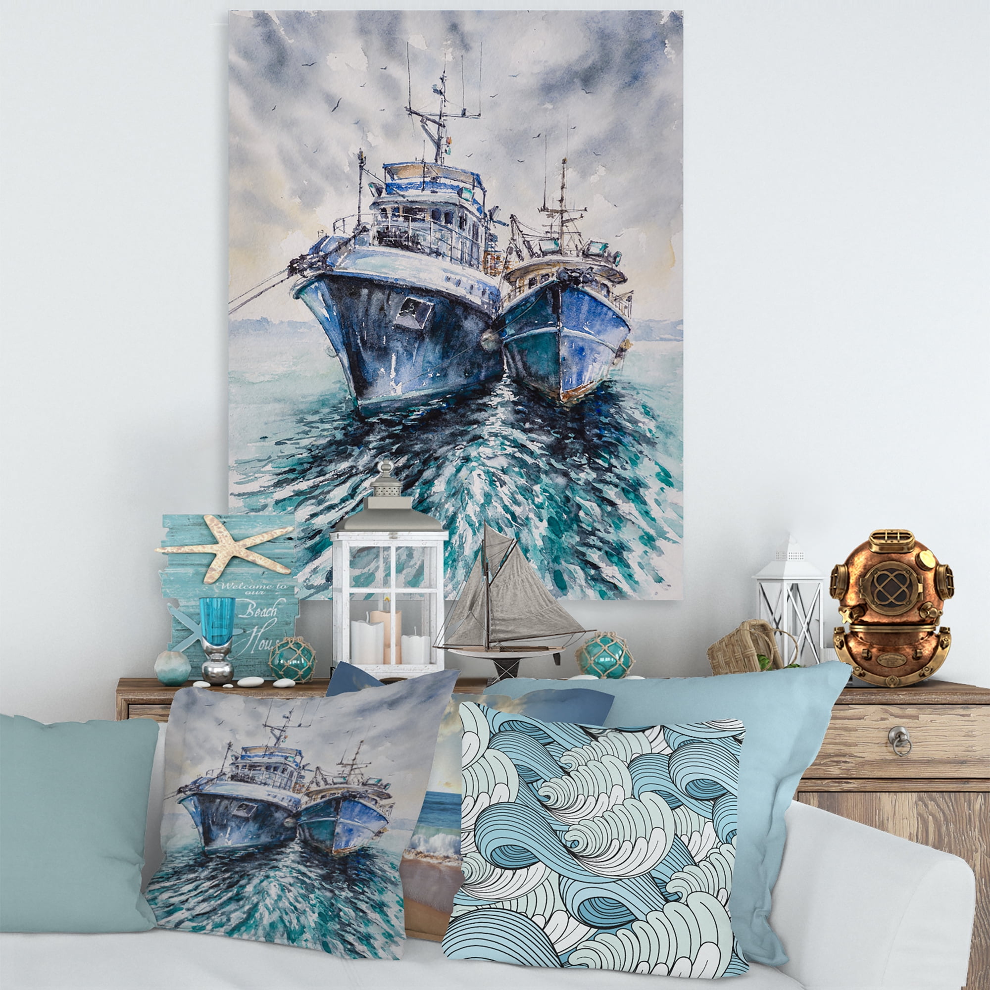 Blue Fishing Boats Before A Storm Anchored 12 in x 8 in Painting Canvas Art Print, by Designart
