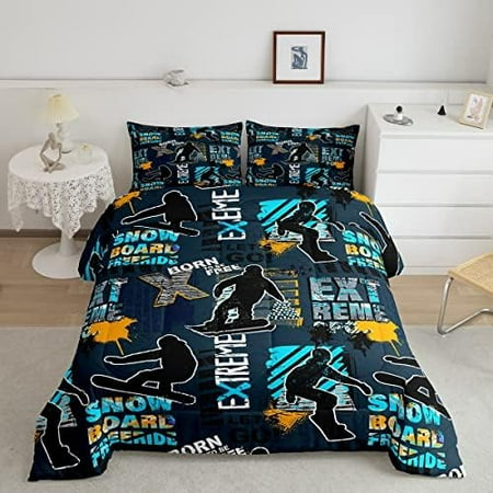 Skateboards Comforter Set Full Size Colorful Skateboarding Sports Bedding Sets for Kids Boys Bedroom Decor Fashion Black Grey Graffiti Quilted Duvet Modern Extreme Sports Duvet Insert 3pc