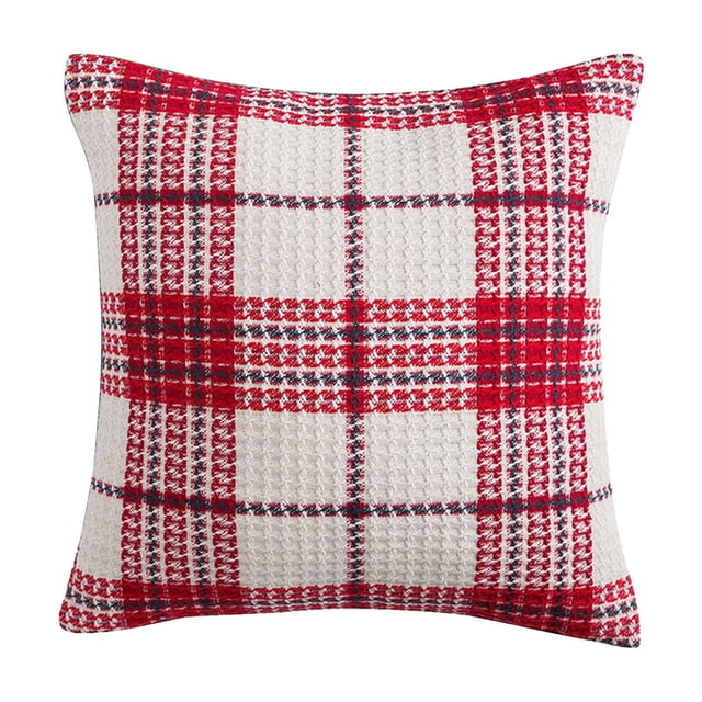 WLOELOEW Christmas Throw Pillowcase Sofa Cushion Cover For Living Room Decor Red Plaid Design Flax Material 18X18 Inches Red